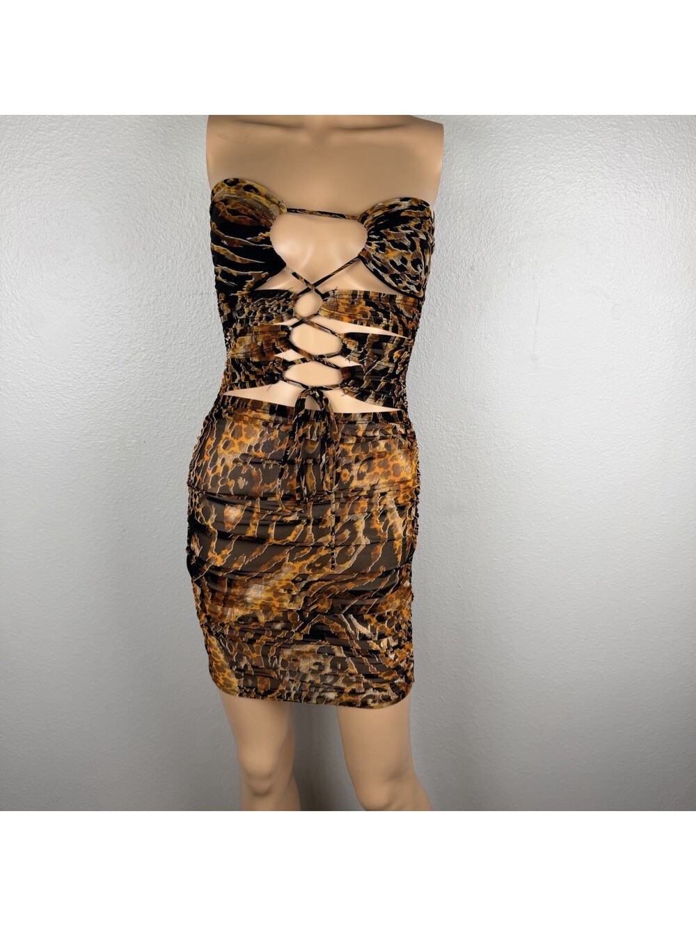 Queen Maria Animal Print Ruched Mini Dress S Lace Up Open Back Bodycon Y2K NWOT
